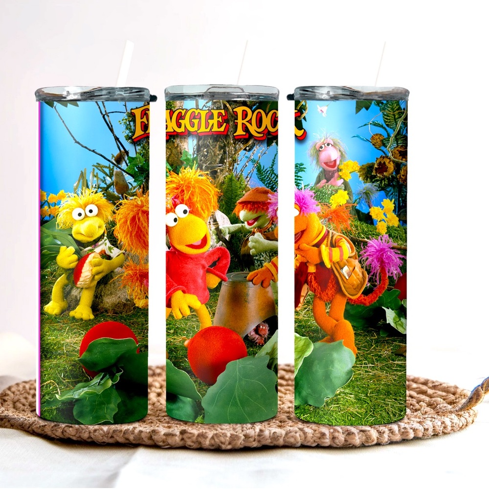 Fraggle rock inspired 20 oz. stainless steel tumbler with lid and straw